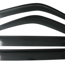 A studio product image showing a set of four dark-tinted plastic window visors (also known as rain guards or weather shields) against a white background. The visors are shown stacked and are designed to fit above the side windows of a vehicle. The top two pieces are curved for the front windows, and the bottom two pieces are longer and flatter for the rear windows.