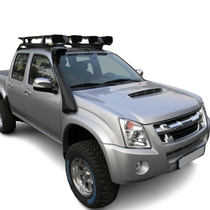 A silver Isuzu D-Max pickup truck (a double-cab model) is shown from a front-quarter perspective, heavily modified for off-roading. It features large, aggressive off-road tires on chrome wheels, a black snorkel mounted on the passenger side fender/A-pillar, and a large black roof rack holding four round auxiliary lights. The truck also has a hood scoop and wide fender flares. The vehicle is displayed against a plain white background.