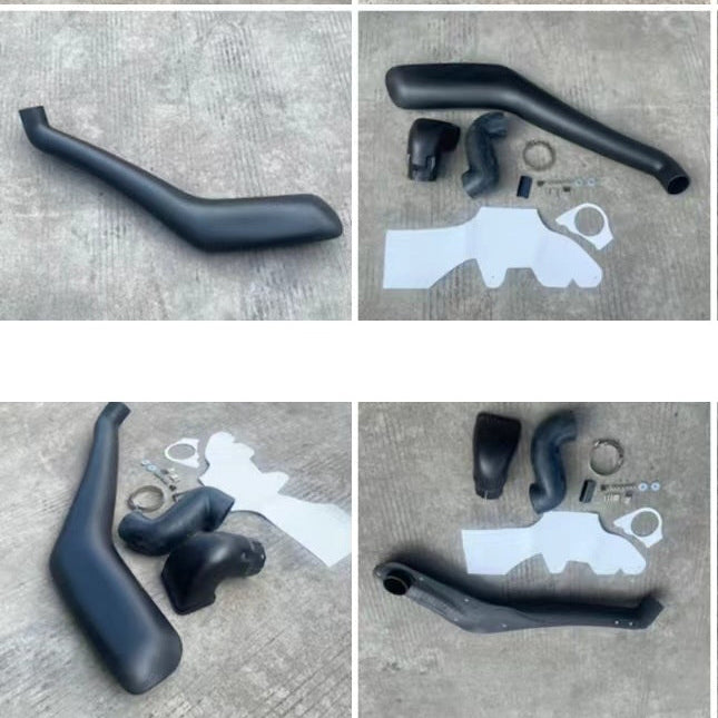 A composite image of four separate photographs showcasing different views and components of a black automotive snorkel kit.
Top Left: The main curved black plastic snorkel body shown alone.
Top Right: The snorkel body laid out with several kit components, including a black elbow hose, a small air ram/head piece, metal hose clamps, and white paper installation templates.
Bottom Left: The main snorkel body shown alongside the various black plastic connection pieces and the white templates.
Bottom Right: A