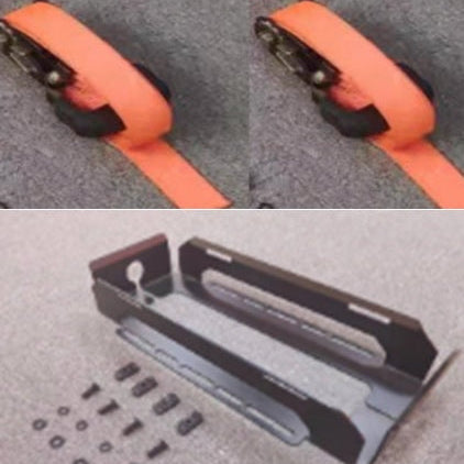 A split image showing components for an off-road recovery solution. The top half shows two identical cropped views of a bright orange ratchet strap with a black mechanism, resting on a gray surface. The bottom half shows a flat, black metal mounting cradle or holder for a recovery device like a jack, along with an assortment of black bolts and washers.