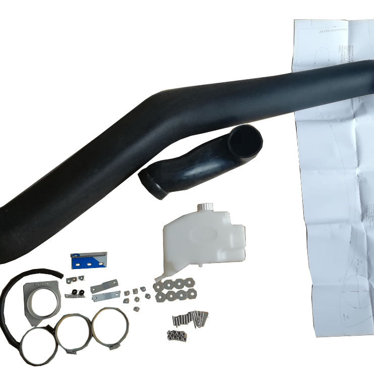 A photo of an automotive snorkel kit laid out on a white surface. The main components include two curved, black plastic air intake pipes (one long and one short), a white plastic fluid reservoir or coolant overflow tank, and various metal mounting brackets, clamps, rubber seals, washers, and nuts and bolts. A folded paper template or instruction sheet is visible on the right edge.