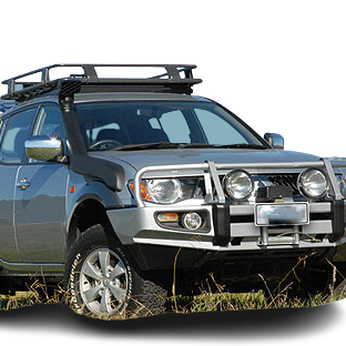 A low-angle photo of a silver utility vehicle (SUV or pickup truck) fitted with extensive off-road accessories.
Key features visible include:
A heavy-duty silver bull bar/bumper on the front.
Two large round driving lights mounted on the bull bar.
A black snorkel running up the passenger side of the windshield pillar.
A black roof rack system.
The vehicle is sitting in dry grass. The image is cut off sharply at the bottom.