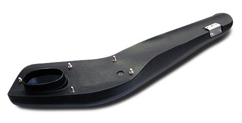 A perspective shot of the main body of a black automotive snorkel. The curved plastic piece is long and thick, designed to fit along the side of a vehicle. It features a large oval opening on the lower end for air intake connection, and several protruding bolts (or mounting studs) are visible along its surface for installation. A small metal bracket is attached near the narrow, upper end.
