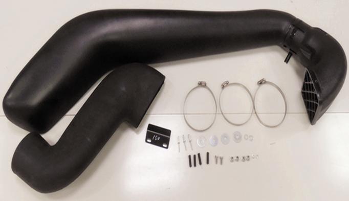 An overhead shot of an automotive snorkel kit laid out on a white surface. The kit consists primarily of two large, curved black plastic pipes (the main snorkel body and a connecting piece). To the right, there is a collection of installation hardware, including three large metal hose clamps, screws, fasteners, washers, and a small black mounting bracket labeled '150'.