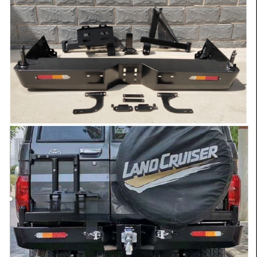 A two-part image showing a heavy-duty, black steel aftermarket rear bumper and installation on a Toyota Land Cruiser. The top image displays the new, matte black bumper unit with integrated reflectors/lights and multiple brackets, including pieces for a swing-out carrier, laid out on concrete against a gray brick wall. The bottom image shows the bumper installed on the rear of a dark gray Toyota Land Cruiser SUV, featuring a tow hitch receiver, a dual swing-out carrier system.