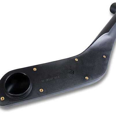 A close-up, angled view of the lower, wider section of a black plastic automotive snorkel body. The surface features an oval opening for the air connection and several brass-colored mounting studs inserted into the plastic. Small molded text is visible on the surface, possibly identifying the model or part number, such as "SS 120HF IND E".