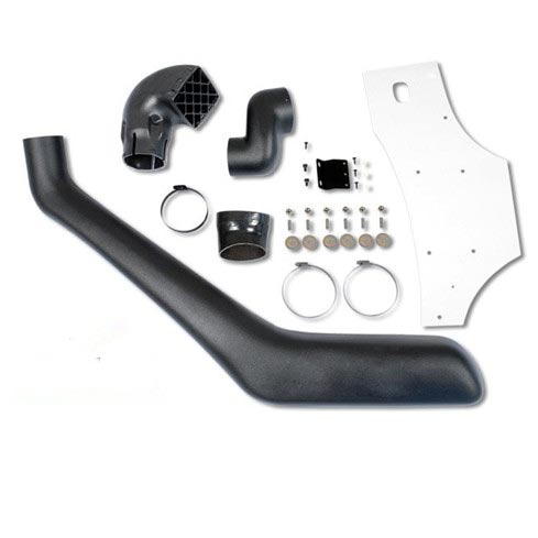 An overhead shot of a complete automotive snorkel kit laid out on a white background. The kit includes the large, curved main black plastic snorkel pipe at the bottom, an upper elbow with a square grille air intake, two smaller connecting elbow pieces, three metal hose clamps, various screws and fasteners, and a large, white, curved template or guard on the right side.