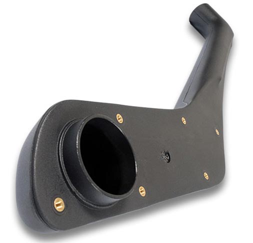 A close-up, three-quarter view of the lower section of a black plastic automotive snorkel body. The thick, curved component has a large, circular connection opening on the wider end, designed to mate with the vehicle's air box. Several brass-colored mounting studs are visible around the connection point and along the body's surface.