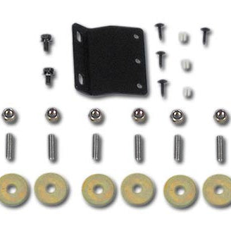 An overhead shot of a snorkel mounting hardware kit laid out against a white background. The hardware is arranged in rows and includes a small, L-shaped black metal mounting bracket, several black screws/bolts, small white plastic clips, five sets of metal studs/bolts with matching nuts, and five large, yellow/gold-toned metal washers.