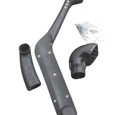 A product image showing the black plastic components of a vehicle snorkel kit against a transparent black and grey checkerboard background.
The three main pieces visible are:
A long, curved main snorkel body running diagonally, showing several silver mounting studs/rivets and molded text (partially legible as "STHBAAA").
A black rubber or plastic connecting elbow/boot on the left.
A black plastic air ram head/intake piece on the right, featuring a square grid pattern at its intake.
A small white plast