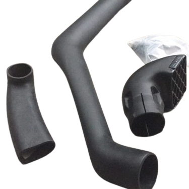 A close-up image showing three main black plastic components of a vehicle snorkel kit, set against a transparent black and grey checkerboard background (typical of PNG files with no background).
The components include:
A long, curved main snorkel pipe that bends upward toward the center.
A large elbow-shaped air ram head/intake piece on the right, featuring a square grid pattern at its intake opening.
A small, curved connecting boot or rubber piece on the left.
A small white plastic bag containing har
