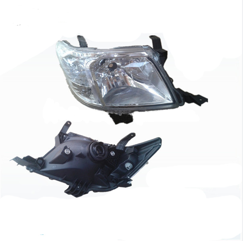 A composite image showing two views of a clear automotive headlight assembly. The top image displays the front view with the transparent lens and internal reflectors visible. The bottom image shows the rear view of the headlight, revealing the black plastic housing, mounting points, and the opening for the bulb socket.