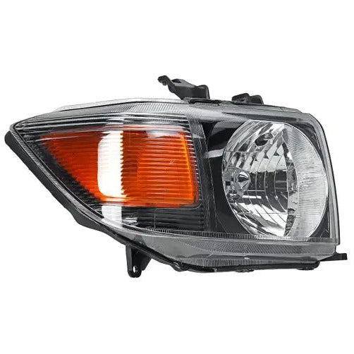 A product image of a single vehicle headlight assembly, shown at an angle and isolated on a white background. The unit has a black inner housing and a clear outer lens, with a large, ribbed amber turn signal/marker light positioned to the left and the main circular reflector beam positioned to the right.