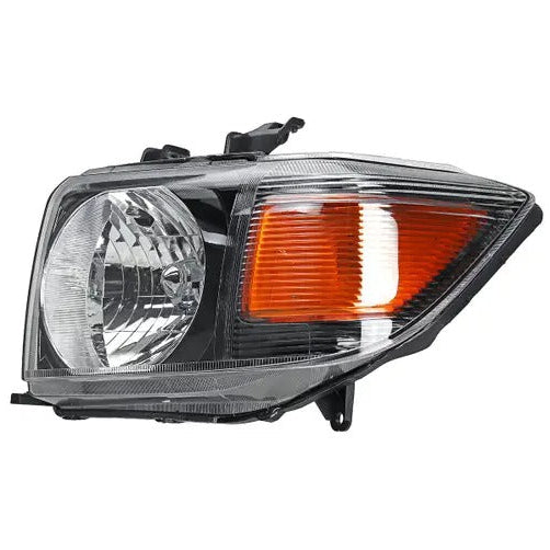 A product image showing a single vehicle headlight assembly for the driver or passenger side, isolated on a white background. The light features a black housing, a clear lens over the circular main bulb reflector, and a large, horizontally ribbed amber reflector/turn signal on the outer edge.
