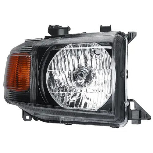 A product photo showing a single vehicle headlight assembly with a clear lens and a black inner housing, isolated on a white background. The unit features a large, circular, chrome reflector for the main beam and a smaller, ribbed amber turn signal/marker light on the left side.