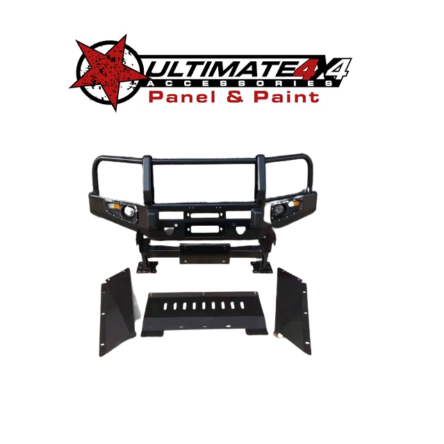 A black, heavy-duty replacement front bumper for a 4x4 vehicle is displayed, shown with its separate components.
The main piece is a black steel bull bar featuring a multi-loop protective hoop, cutouts for lights, and a central opening for a fairlead/winch. Below the main bumper, there is an integrated winch mount/bracket, a central black bash plate with ventilation slots, and two angled side bash plates/skid plates.
The logo for "ULTIMATE 4X4 ACCESSORIES Panel & Paint" is positioned above the items.