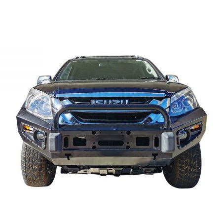 A straight-on, front-view photo of a dark-colored Isuzu vehicle, likely a D-Max or MU-X, featuring a black, heavy-duty aftermarket steel bumper and bull bar. The bumper includes fog lights and turn signals. The vehicle is isolated on a white background.