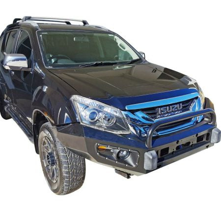 A three-quarter front view of a black Isuzu SUV, likely an MU-X, fitted with a black aftermarket heavy-duty steel bull bar and bumper. The vehicle also has roof rails and is isolated on a white background.