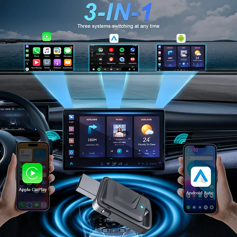 3-in-1 Wireless CarPlay & Android Auto Adapter – Plug & Play, Converts Wired to Wireless for 99% OEM Cars