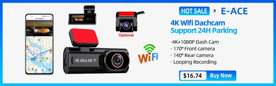 E-ACE 2K Car DVR Dash Cam Mirror WiFi GPS Night Vision 1080P Loop Recording Black Box