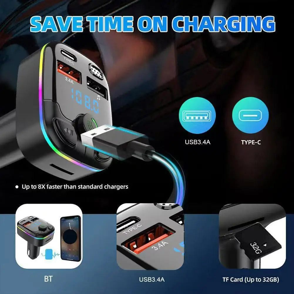 Bluetooth Car FM Transmitter PD Type-C Dual USB MP3 Player Hands-Free Ambient Light Fast Charger for Vehicle