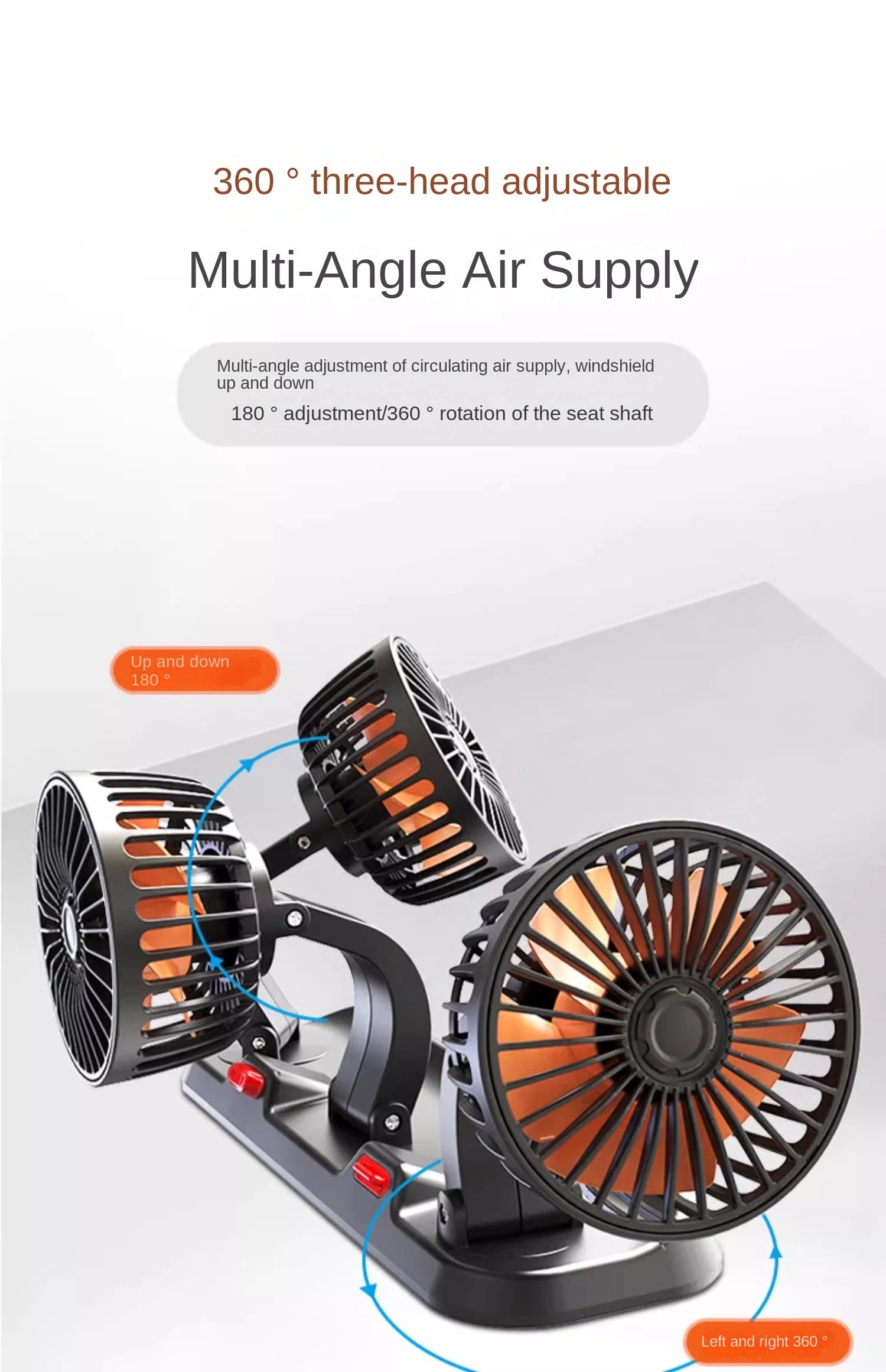 3-Head 360° Adjustable Car Fan – Dual-Speed Silent Electric Fan, USB/12V/24V, for Car, Home, Office & Desk Use
