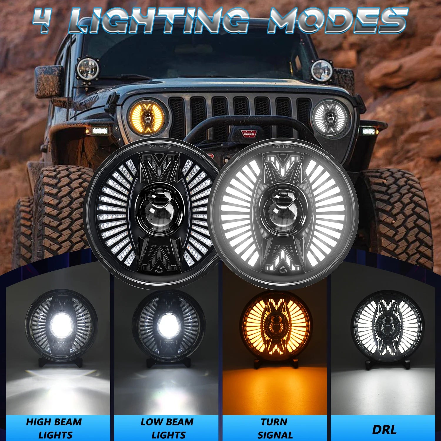 7 Inch LED Headlights 240W Projector DRL Hi/Lo Beam H4 for Jeep Wrangler JK Harley