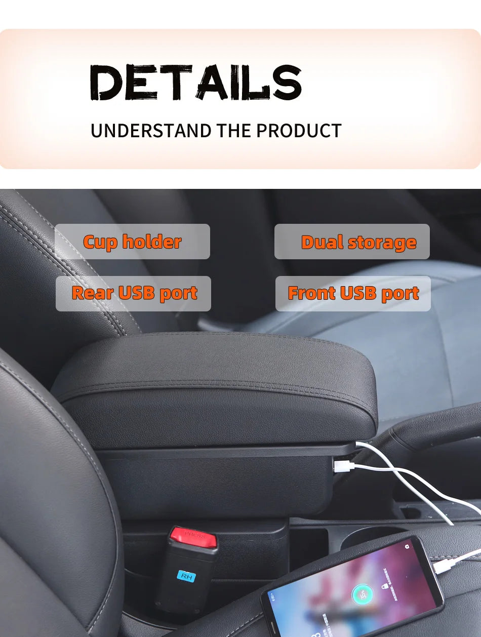 Armrest Box for Renault Clio 3 4 Captur – Car Center Console Storage Box with USB, Cup Holder – Interior Retrofit Accessory