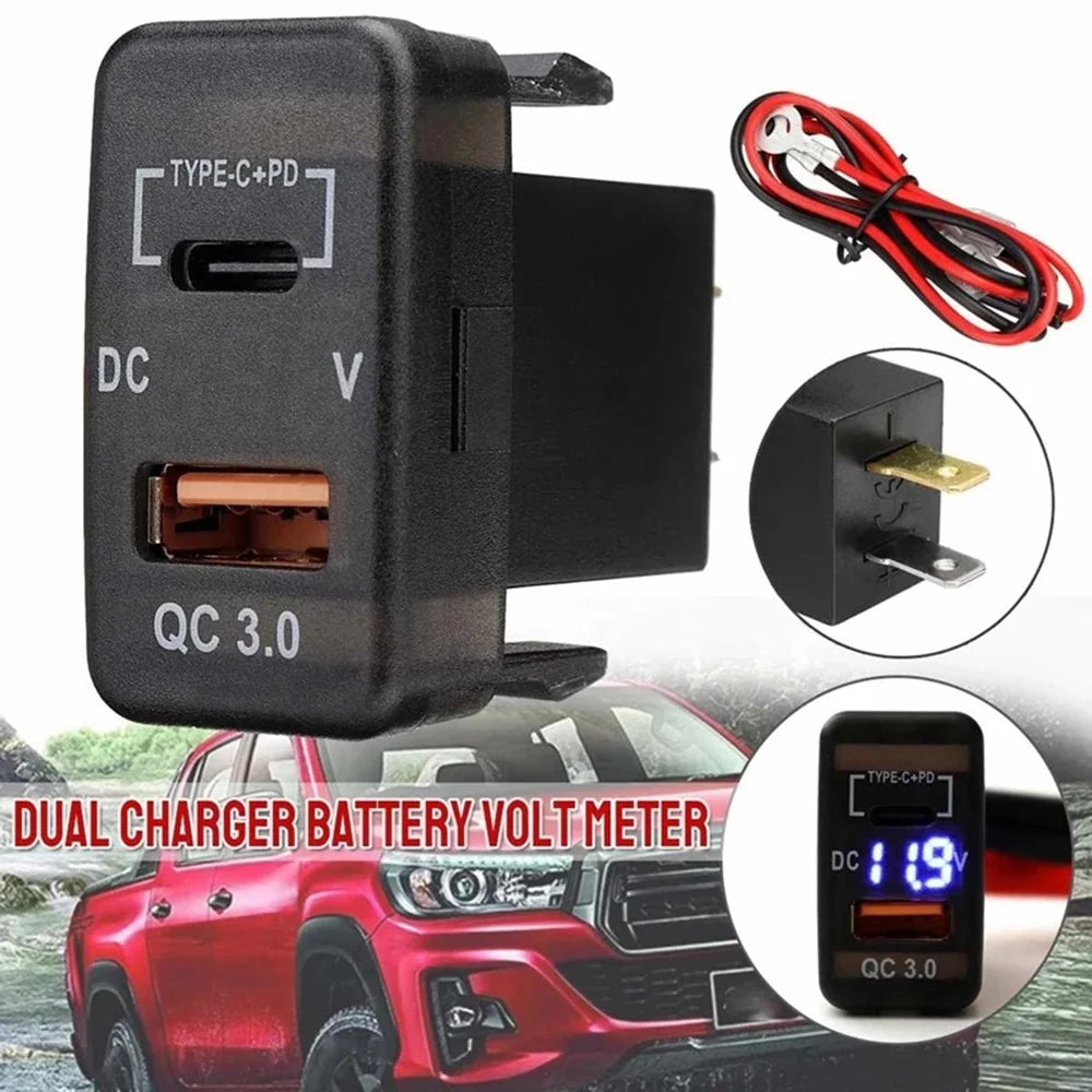 Car Fast Charger Adapter QC3.0 Dual USB with Voltmeter – Quick Charge Socket for Toyota Land Cruiser, Hilux, Prado & FJ