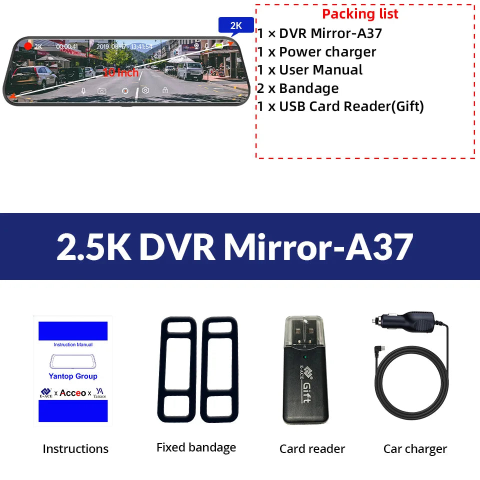 E-ACE 2K Car DVR Dash Cam Mirror WiFi GPS Night Vision 1080P Loop Recording Black Box