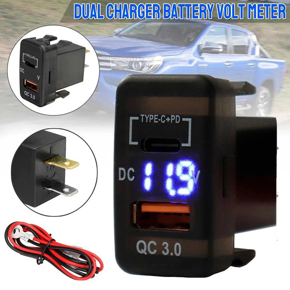 Car Fast Charger Adapter QC3.0 Dual USB with Voltmeter – Quick Charge Socket for Toyota Land Cruiser, Hilux, Prado & FJ