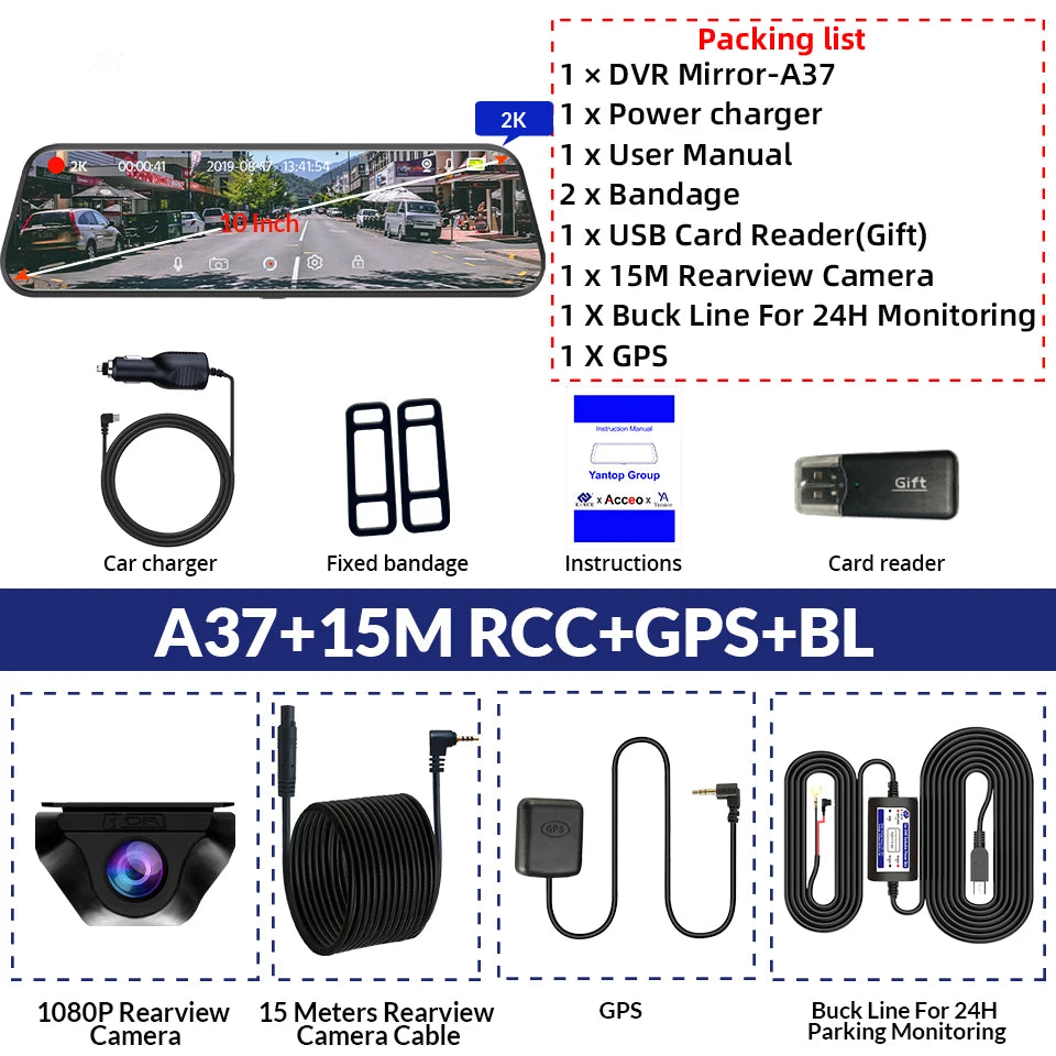 E-ACE 2K Car DVR Dash Cam Mirror WiFi GPS Night Vision 1080P Loop Recording Black Box