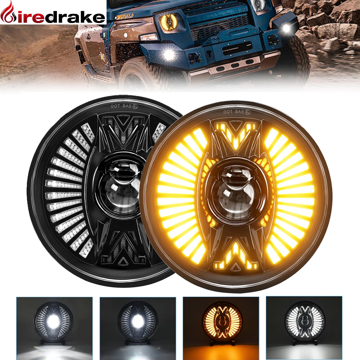 7 Inch LED Headlights 240W Projector DRL Hi/Lo Beam H4 for Jeep Wrangler JK Harley