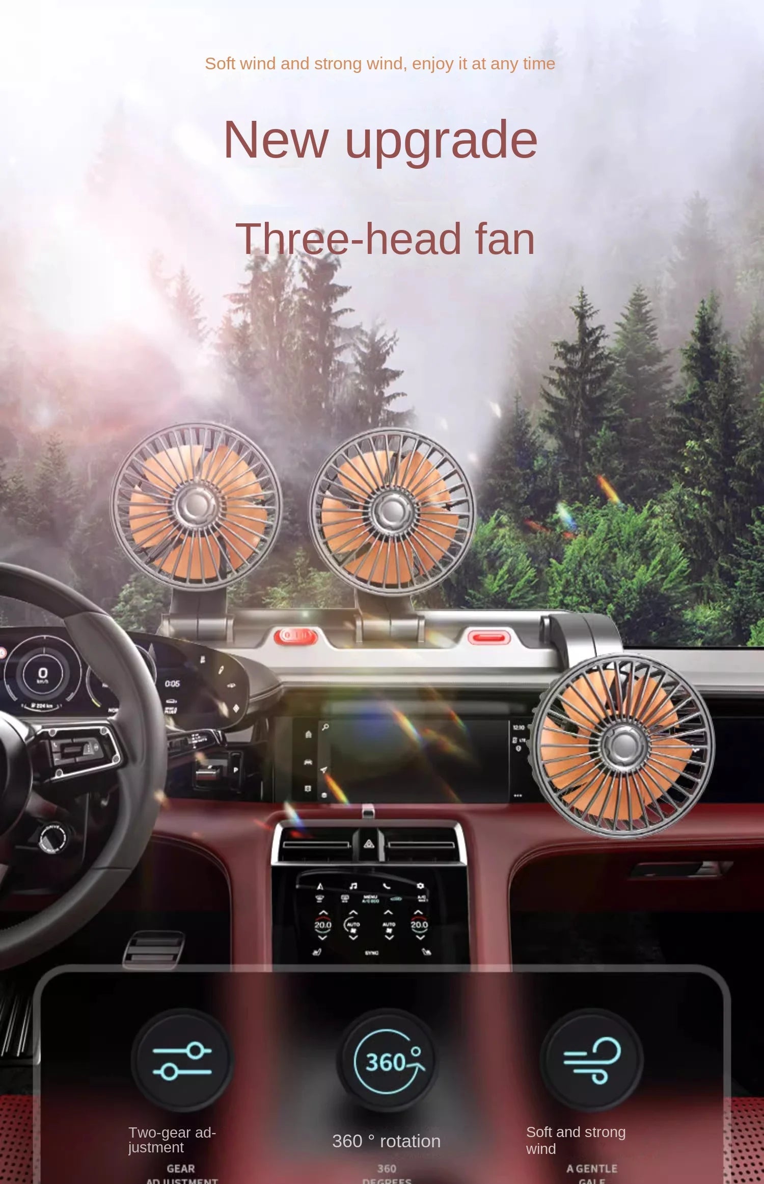 3-Head 360° Adjustable Car Fan – Dual-Speed Silent Electric Fan, USB/12V/24V, for Car, Home, Office & Desk Use