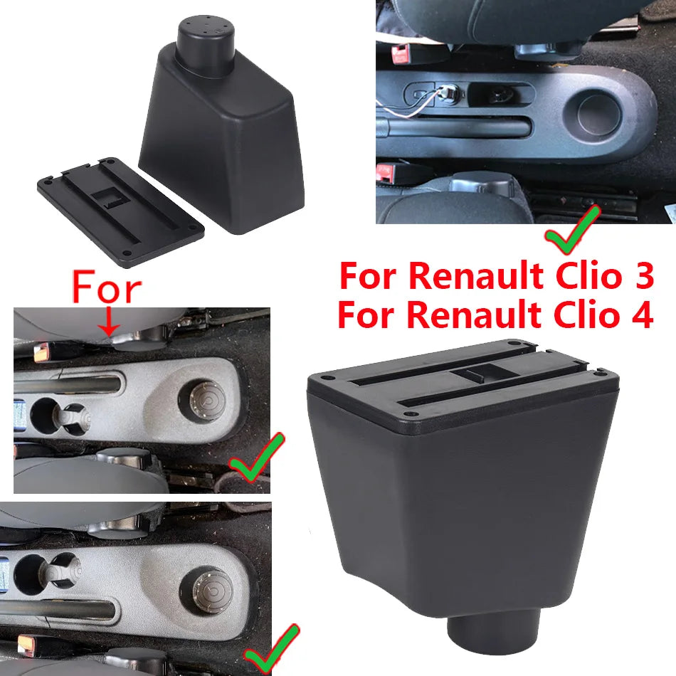 Armrest Box for Renault Clio 3 4 Captur – Car Center Console Storage Box with USB, Cup Holder – Interior Retrofit Accessory