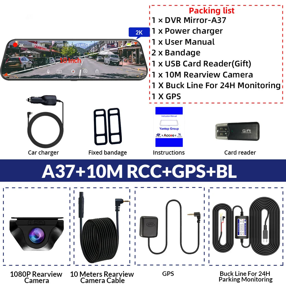E-ACE 2K Car DVR Dash Cam Mirror WiFi GPS Night Vision 1080P Loop Recording Black Box