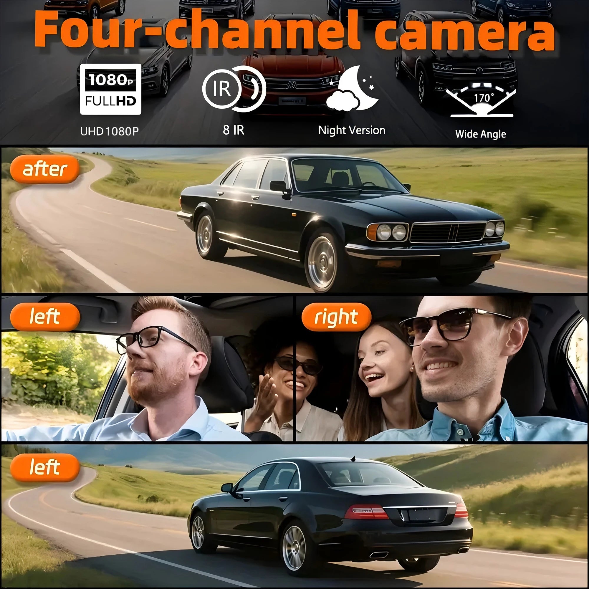 4 Channel Dash Cam FHD 1080P WiFi Car DVR Night Vision Black Box Loop Recorder Kit