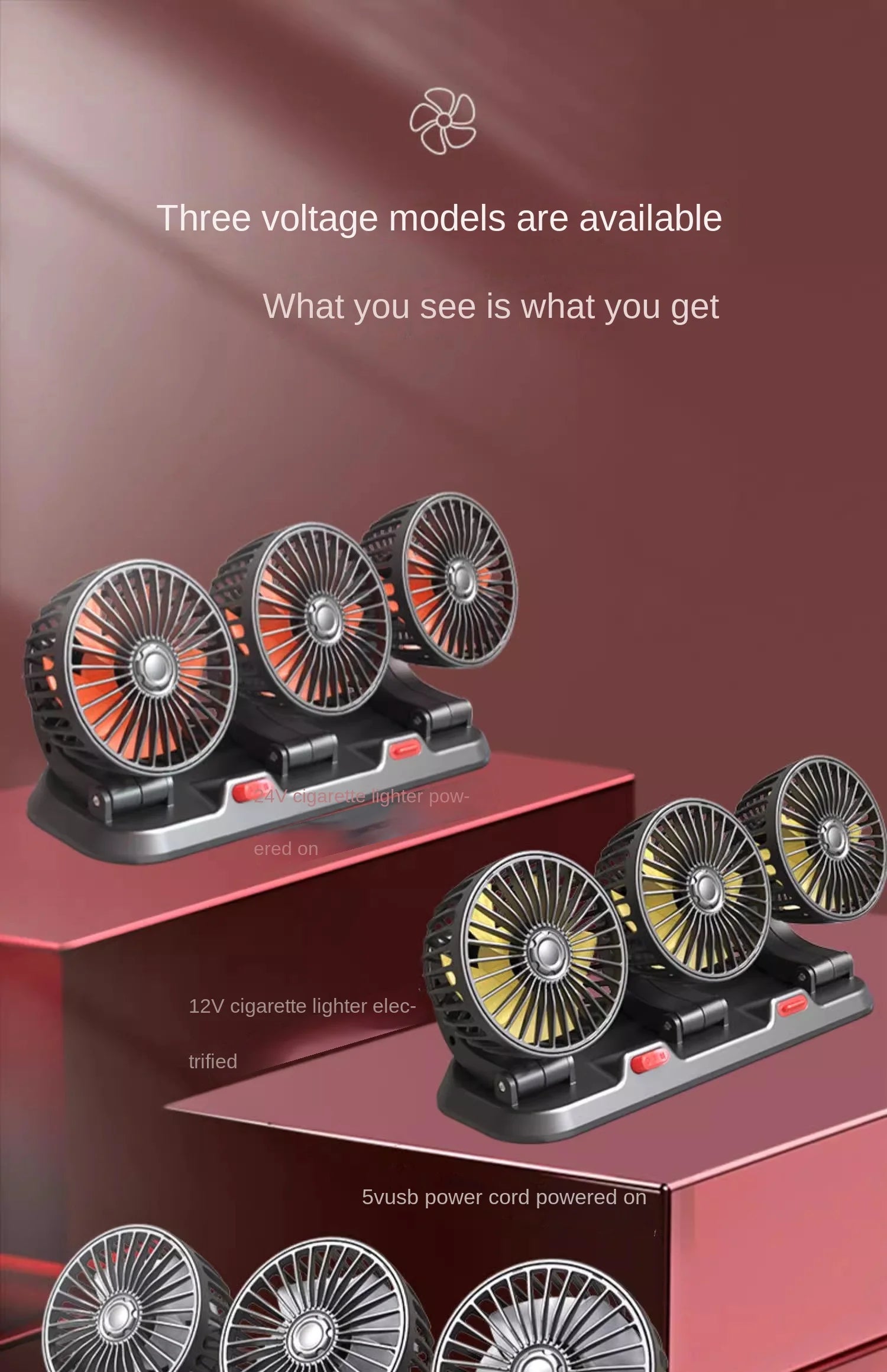 3-Head 360° Adjustable Car Fan – Dual-Speed Silent Electric Fan, USB/12V/24V, for Car, Home, Office & Desk Use