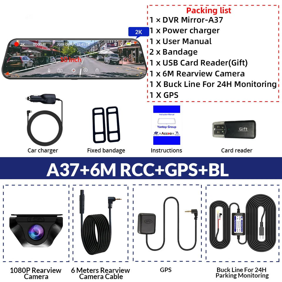 E-ACE 2K Car DVR Dash Cam Mirror WiFi GPS Night Vision 1080P Loop Recording Black Box