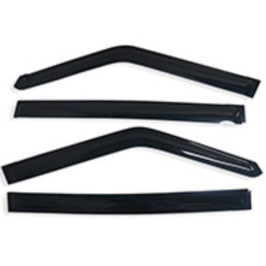 A low-resolution product image showing a set of four dark-tinted plastic window visors (rain guards or weather shields) isolated against a white background. The visors are arranged in two pairs: the top and third pieces are angled and curved for the front windows, and the second and bottom pieces are straight and rectangular for the rear windows.