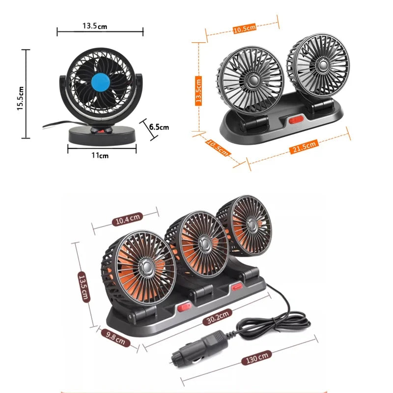 3-Head 360° Adjustable Car Fan – Dual-Speed Silent Electric Fan, USB/12V/24V, for Car, Home, Office & Desk Use
