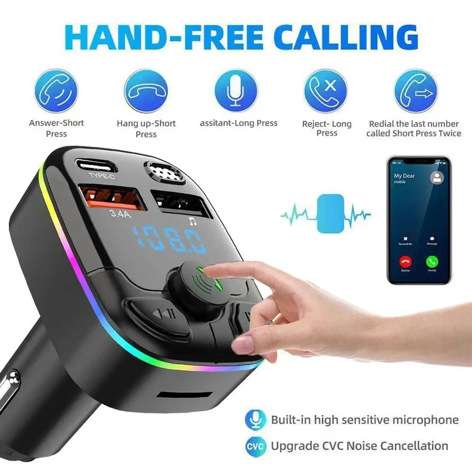 Bluetooth Car FM Transmitter PD Type-C Dual USB MP3 Player Hands-Free Ambient Light Fast Charger for Vehicle