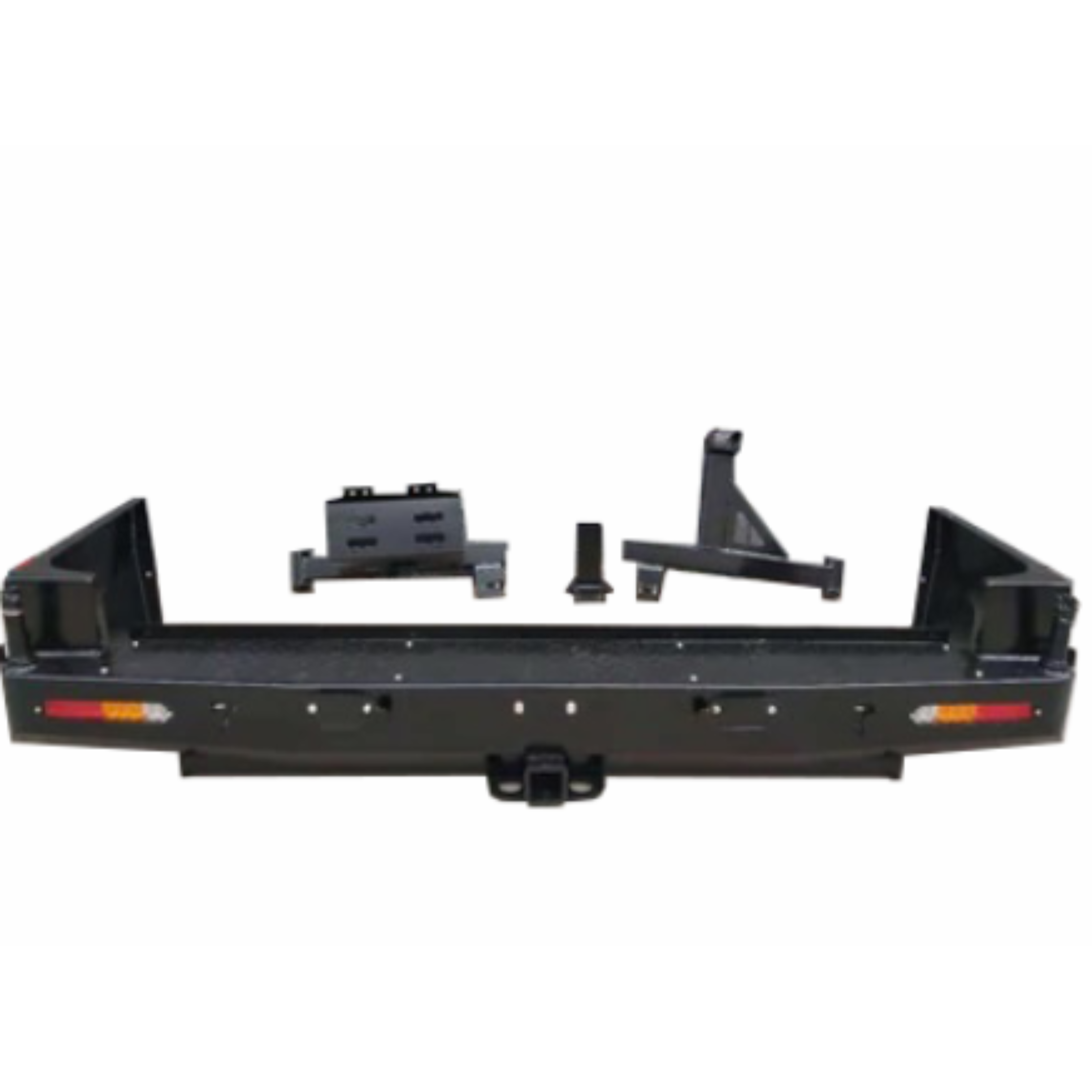 
A product shot of a heavy-duty, flat black steel rear bumper kit for a vehicle, isolated on a white background.

The main bumper piece features:

A central receiver hitch opening.

Integrated amber and red tail/indicator lights on the far left and right ends.

A flat surface designed to fit against the vehicle body.

Arranged above the main bumper are several associated components, including what appears to be a spare tire carrier mount (angled black piece) and two other mounting or reinforcement brackets.
