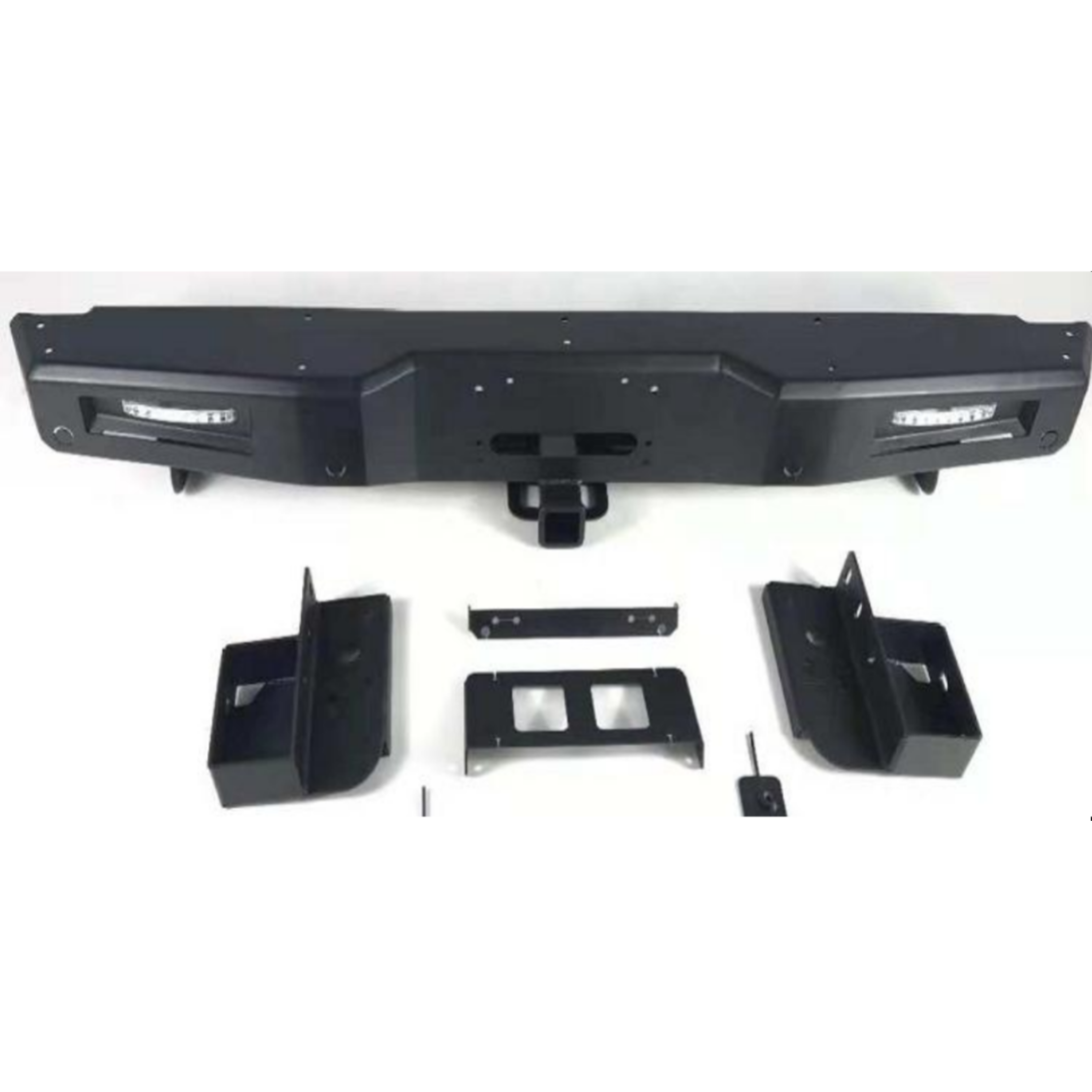 A product shot of a heavy-duty, matte black steel rear bumper kit for a truck or SUV, laid out with all its mounting hardware on a white surface.

The main bumper features a rugged, angular design with an integrated receiver hitch and recessed openings containing horizontal LED lights on both the left and right ends.

Spread out below the bumper are several black metal mounting components, including two large, angled brackets and various smaller plates and bolts for installation.
