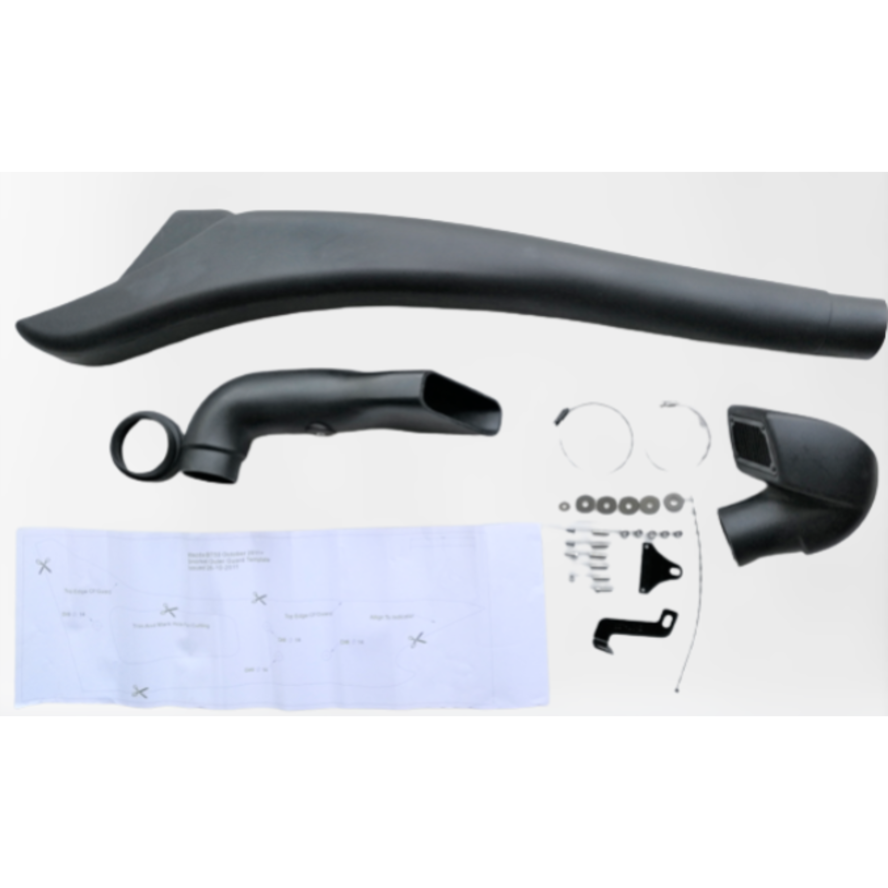 A complete black automotive snorkel kit is laid out against a white background. The kit includes the long, molded plastic snorkel body (top center), a black plastic intermediate connecting hose (center left), and the black plastic snorkel head/air ram with a grate (bottom right). The installation hardware is grouped near the bottom right and consists of metal brackets, bolts, screws, washers, and two large hose clamps. A white paper installation template or instruction sheet with outlines and marked X's is 