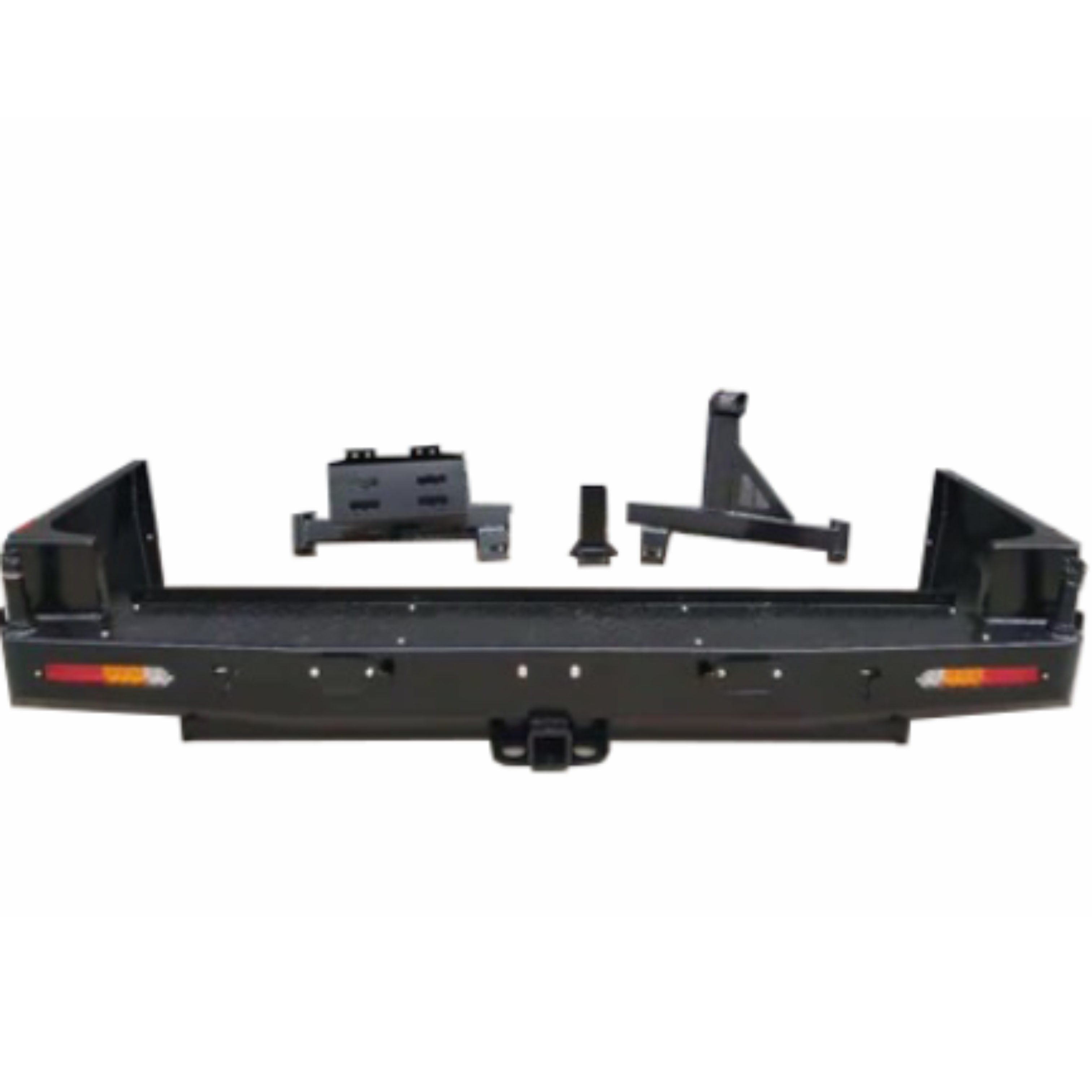 A heavy-duty, black metal rear bumper, likely for a truck or SUV, is shown against a white background. It features integrated red and amber taillights/signals on the left and right ends, a centered receiver hitch for towing, and holes for license plate mounting. Several separate metal pieces, which appear to be mounting brackets or components for an additional accessory like a swing-out tire carrier (one piece looks like a spindle and arm), are laid out behind the main bumper assembly. The bumper has a rugg