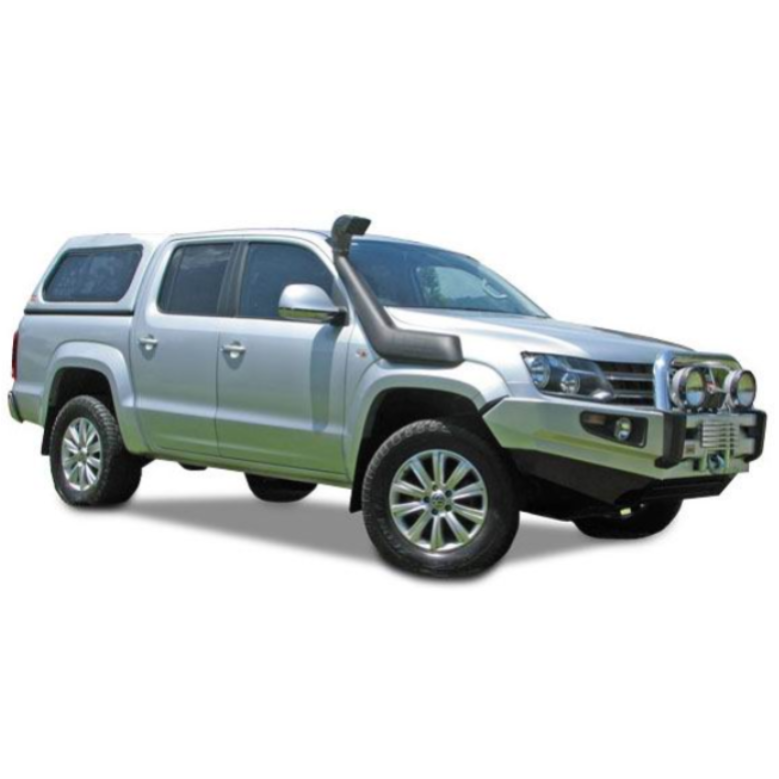 A silver double-cab pickup truck, likely a Volkswagen Amarok, is shown modified for off-road use. It is equipped with a black snorkel on the driver's side A-pillar and fender, a heavy-duty metallic bull bar/winch bumper with two large driving lights, and a canopy over the bed. The truck is sitting on what appear to be aftermarket alloy wheels. The background is pure white.