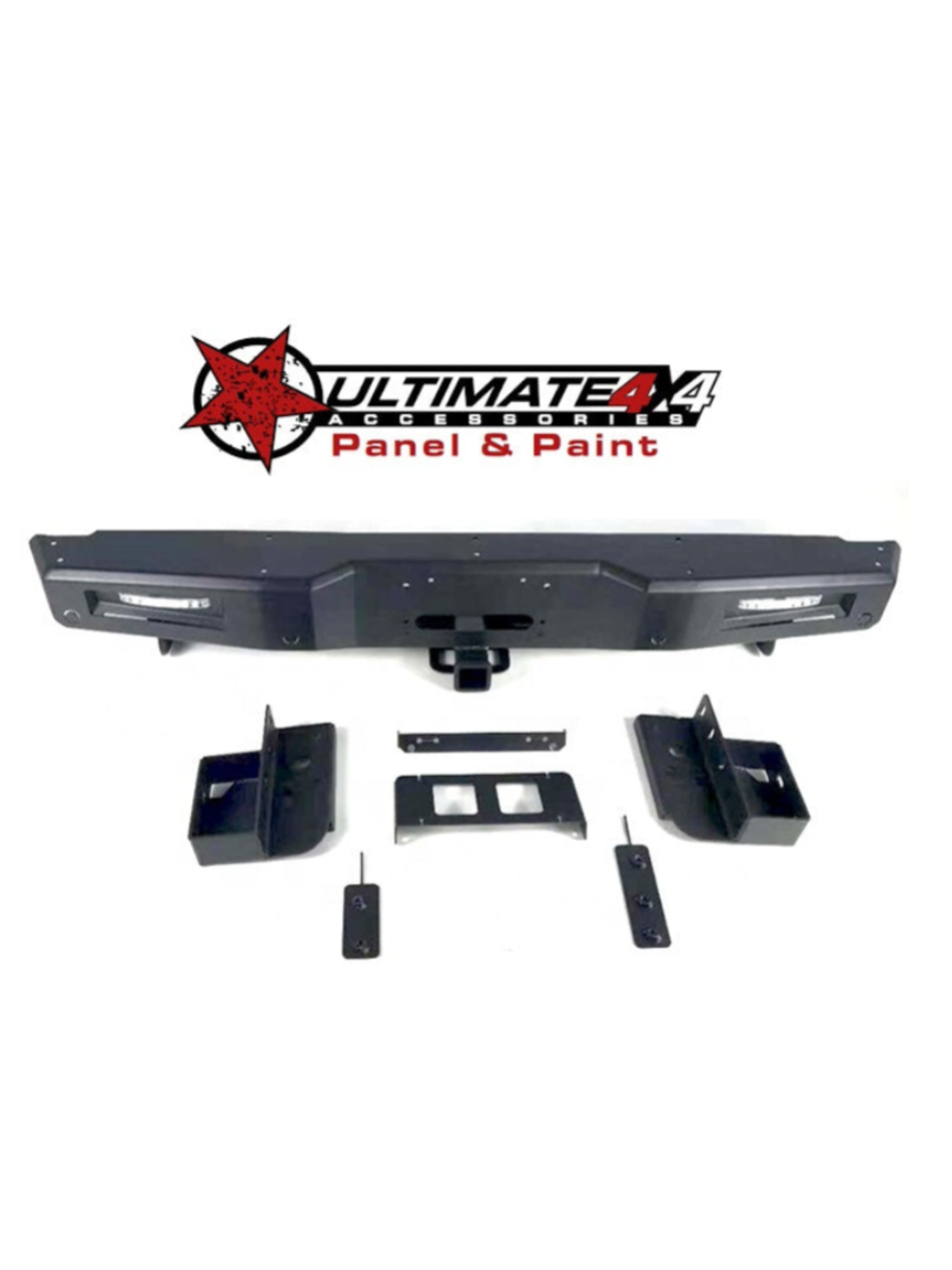 A product image featuring a matte black, heavy-duty steel rear bumper for an off-road vehicle, with all its mounting components, displayed beneath a logo for "ULTIMATE 4X4 ACCESSORIES Panel & Paint".

The main bumper features a central receiver hitch opening and includes integrated horizontal LED lights on both the left and right ends. Laid out in front of the bumper are various black metal mounting pieces: two large, angled brackets (possibly for D-rings or frame mounting), a central reinforcement plate, a