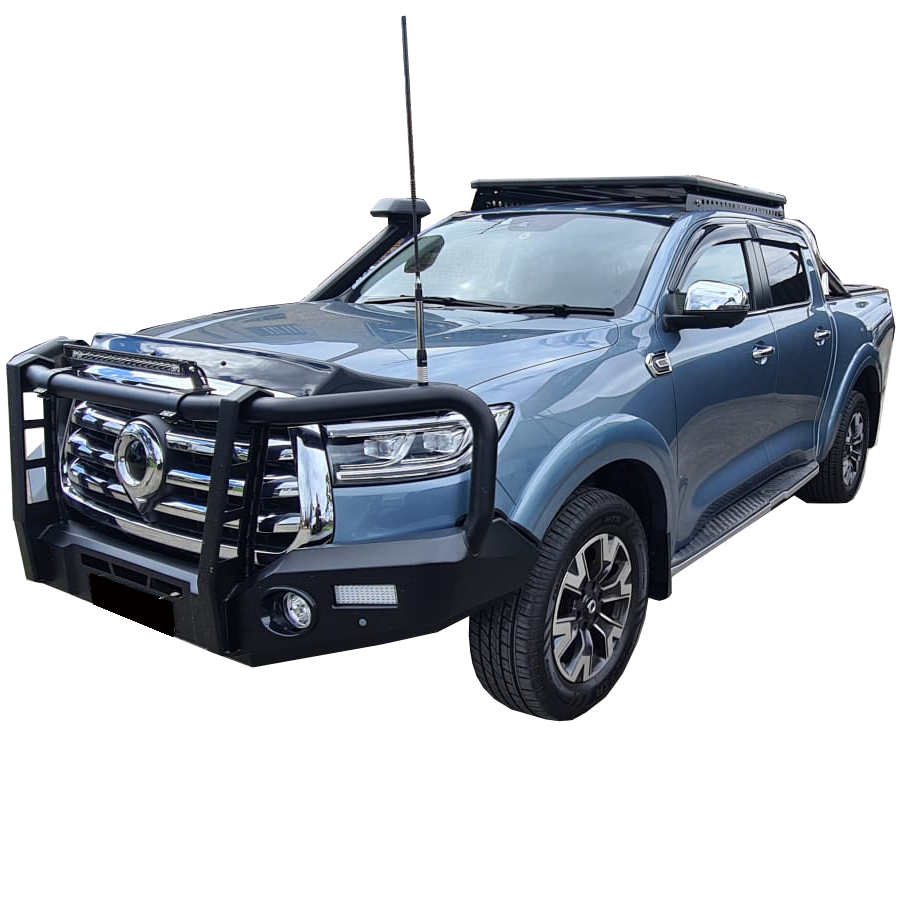 A slightly low-angle, three-quarter view of a modern blue or slate-colored dual cab pickup truck, possibly a GWM Cannon/Poer, heavily accessorized for off-road use. It is fitted with a large black steel bull bar, a black snorkel, a flat black roof rack, and a tall whip antenna mounted on the bonnet. The vehicle has chrome accents on the mirrors and grille and is isolated against a white background.