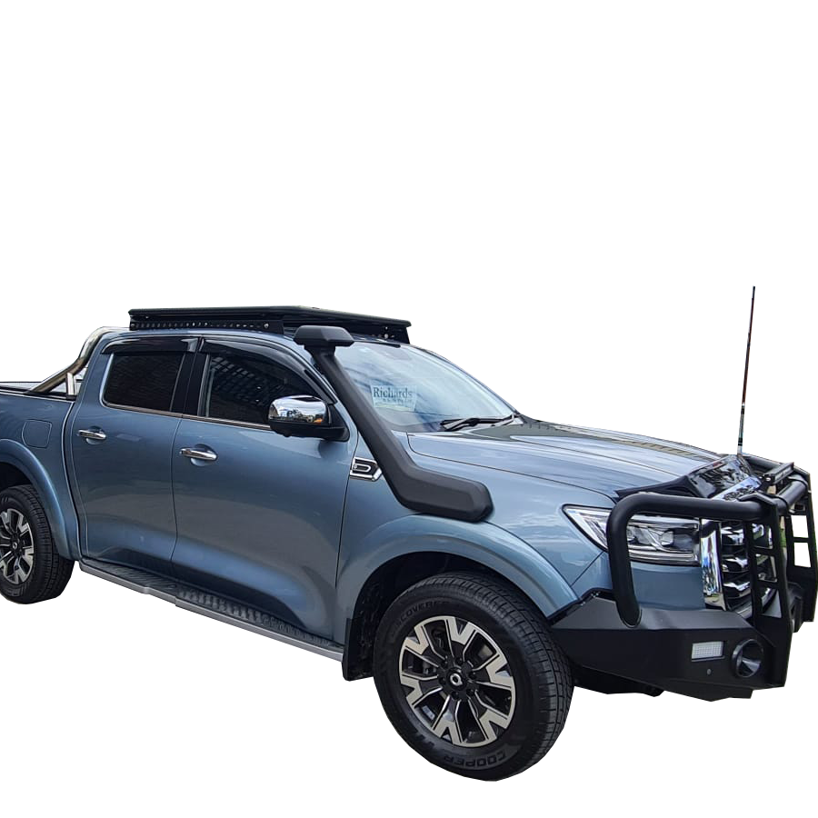 A three-quarter side view of a blue dual cab pickup truck, likely a GWM Cannon/Poer, accessorized for off-road use. It features a large black steel bull bar on the front, a black snorkel rising along the passenger A-pillar, a flat black roof rack, and a whip antenna near the bonnet. The truck has side steps, dark-tinted windows, and is equipped with all-terrain tires. The vehicle is isolated against a white background.